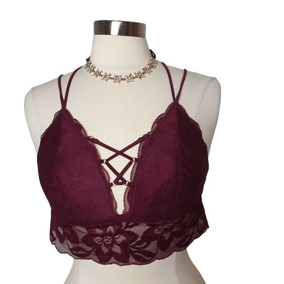 VS PINK Lace Bralette Lg Plunge Criss Cross Back Stretchy Lace Crop Top NWOT - Picture 1 of 8